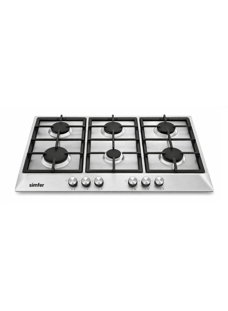 Simfer Built-In Gas Hob 90 cm Stainless Steel, Pyramidal Design, 6 Sabaf Burners, Front Control Knobs, Cast Iron Pan Supports, Auto Ignition, Full Safety – Model H9605WGWIM - Image 3
